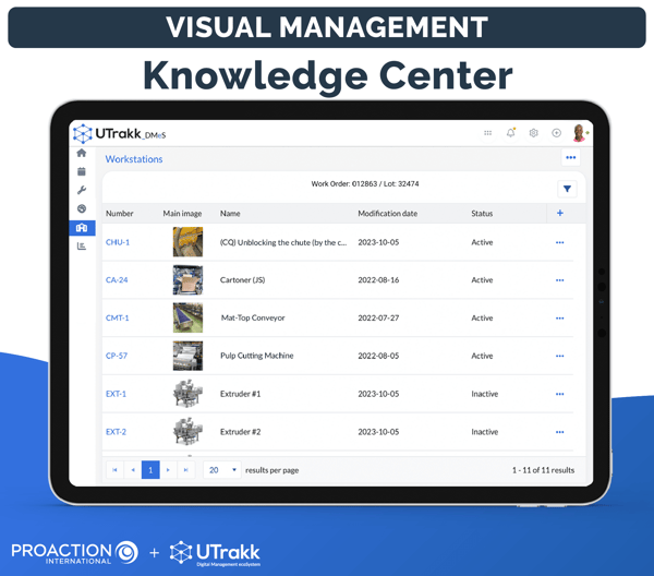 View of the Knowledge Center in the UTrakk application, showing machine procedures