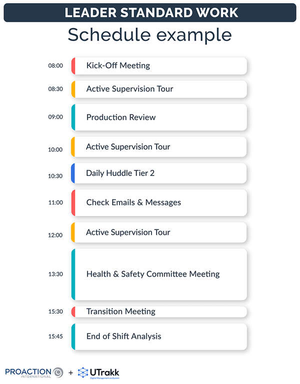 Example of a leader's typical daily schedule, including the assignment and the time