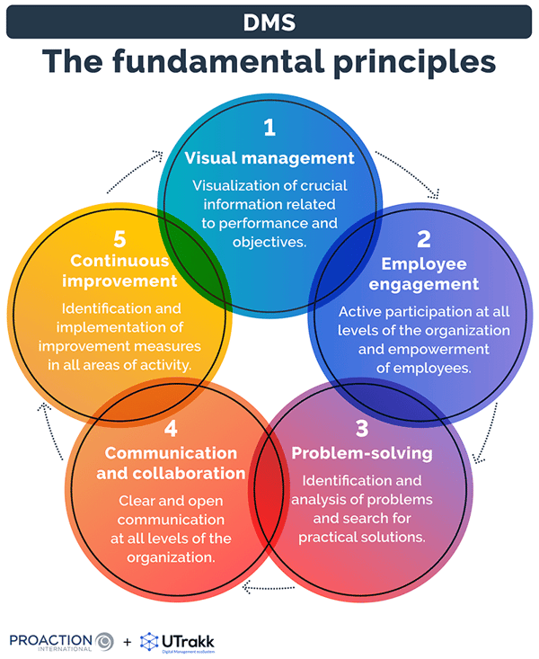 Illustration of 5 circles each describing a fundamental principle of daily management systems