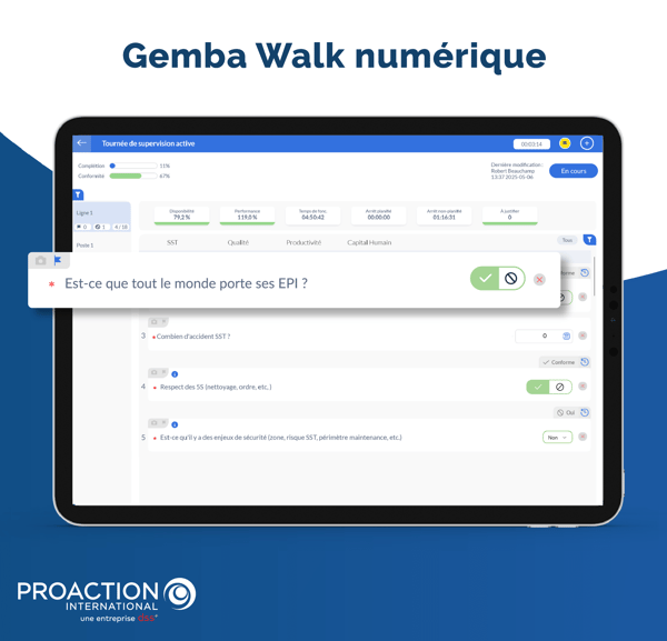 Vue d'un Gemba Walk dans l'application UTrakk, avec un gros plan sur une question de la liste de vérification