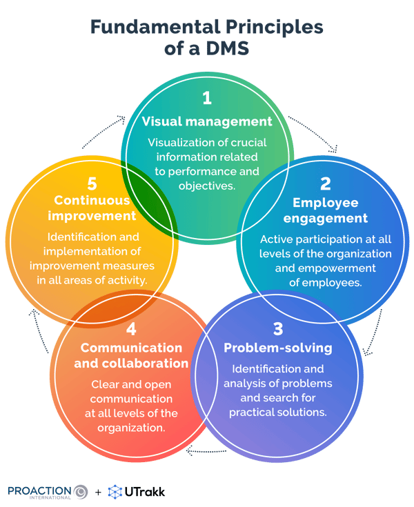 Graphic showing 5 colored circles, each explaining one of the fundamental principles of a Daily Management System