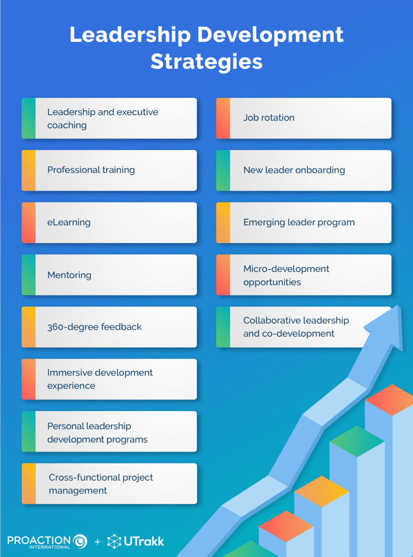 Infographic showing 13 rectangles with colored bands, each presenting a leadership development strategy