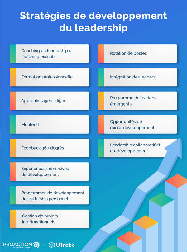 Infographie montrant 13 rectangles dotés d'une bande de couleur, chacun présentant une stratégie de développement du leadership