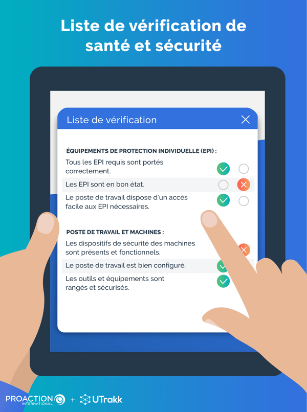 Vue d'une liste de vérification santé et sécurité dans une application semblable à UTrakk, sur une tablette