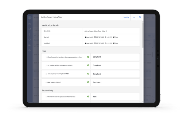 View of a Gemba Walk checklist in the UTrakk software, in a tablet