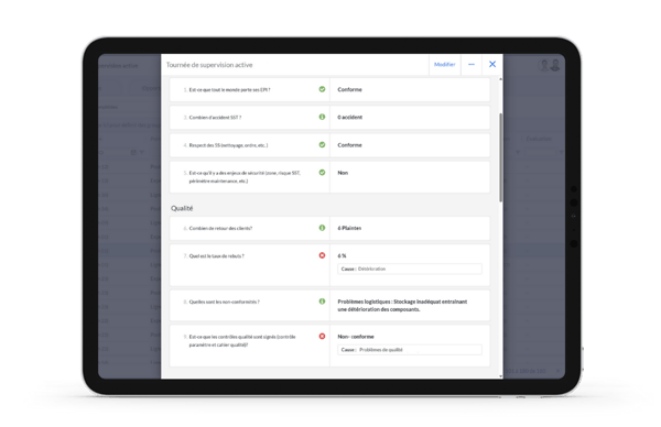 Vue d'une checklist dans le logiciel UTrakk, dans une tablette