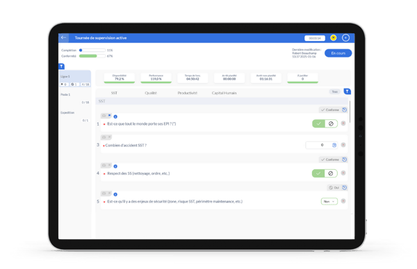Vue d'un Gemba Walk digitalisé dans le logiciel UTrakk, dans une tablette