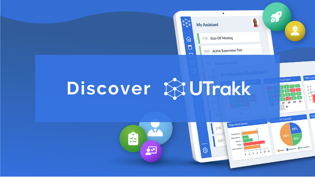 Illustration showing views of the UTrakk application, surrounded by colored circles with icons