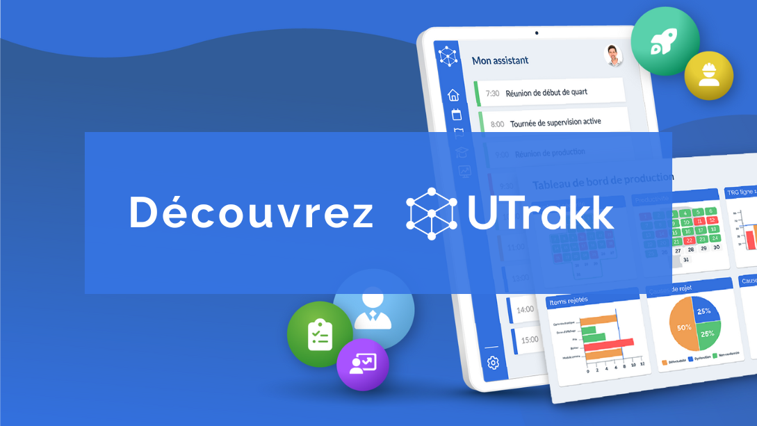 Illustration montrant des vues de l'application UTrakk, entourées de cercles colorés comportant des icones